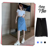 Chân váy jean lửng midi dáng chữ a váy bò dài qua gối cạp cao rách gấu SARAMIA A5