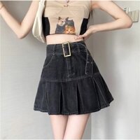 Chân váy jean ngắn kaki cạp cao xếp ly, chân váy ngắn xòe kiểu dáng thanh lịch phong cách_v38