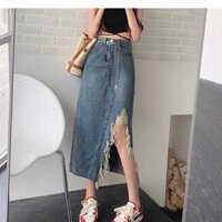 Chân váy jean nữ cạp cao dài qua gối, chân váy xẻ sườn tua gấu phong cách thanh lịch_A35