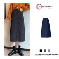 Chân váy jean nữ dài xẻ tà sau CHERRYSWEET cạp cao chân váy bò nữ dáng chữ A chất dày dặn T120