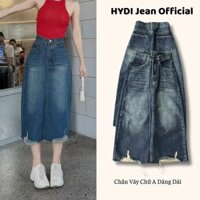 Chân váy jean nữ HYDI dáng dài from chữ A rách nhẹ phần lai ,chân váy bò chất jean mềm mịn lưng cao chuẩn from tôn dáng