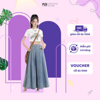 chân váy jean nữ xếp ly dáng dài xoè cạp cao tôn dáng