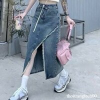 Chân váy jean rách lệch bên xẻ tà ly Chân váy jeans nữ dáng dài xẻ cạp siêu cao, chân váy bò tua cạp cao ôm ttt00