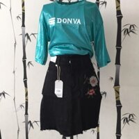 Chân váy jean thêu hoa - đen