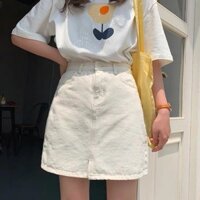 Chân váy jean trắng cúc trắng