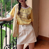 Chân váy jean trắng ngắn Chữ A nữ Lưng cao Váy bò denim Chữ A Cạp cao Hàn Quốc Basic Thời trang Ulzzang