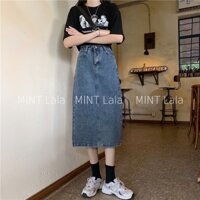 Chân Váy Jean Xẻ Tà Sau Dài Qua Gối Có Khuy Eo - Hàng qc