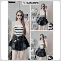 Chân váy jean xòe LILIANA STORE ( tặng kèm đai) váy ngắn 2 tầng xếp ly nhiều màu size S M L 6505