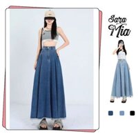 Chân váy jean xòe SARAMIA dáng dài váy bò chữ A mặc tết cạp cao xếp ly nhẹ tua gấu V17