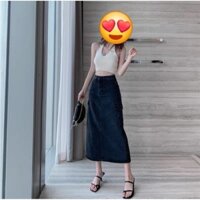Chân váy jean Zara túi hộp, màu đen, form A dễ phối