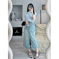 Chân váy jeans dài sẻ trước màu nhạt 1228 QC