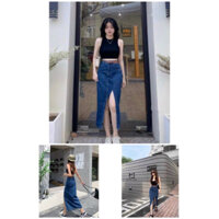 Chân váy jeans dài xẻ 1 bên đùi màu xanh đậm - J15L