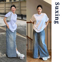 Chân váy jeans dài xẻ tà trước, Chân váy denim dài Hàng QC cao cấp - Suxing