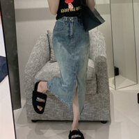 Chân váy jeans dáng dài lưng cao xẻ tà trước, chân váy bò chữ A cạp cao vải denim hàn quốc 2133