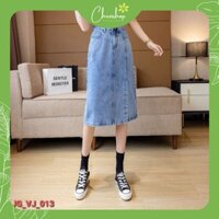 Chân váy JEANS dáng dài xẻ đùi midi❤Freeship ❤chân váy cạp khoá giữa vải bò thời trang❤3 size S,M,L, MÀU XANH(Chân váy)