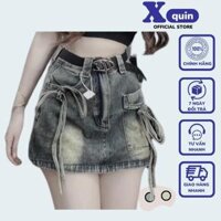 Chân váy jeans dáng ngắn phối túi hộp thắt dây 2 bên Xquin, Chân váy nữ dáng chữ A có lót quần trong dày dặn