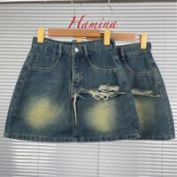 Chân Váy Jeans Dáng Ngắn Hamina, Váy Jean Rách Ngang Hàng XK