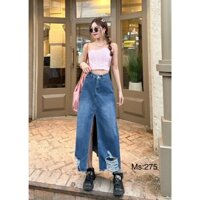 Chân váy jeans JYDYDOLL siêu dài sẻ trước lai tua rua rách chất jean cotton