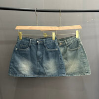 Chân váy jeans ngắn chữ A Không Giãn lưng cao có lót quần - Màu Bụi