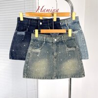 Chân Váy Jeans Ngắn Hamina, Váy Jean Nữ Rách Túi Đính Đá
