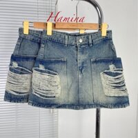 Chân Váy Jeans Ngắn Hamina, Váy Jean Rách Túi Moi Hàng Công Ty