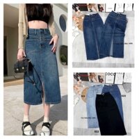 Chân Váy Jeans Nữ Dài Co Giãn Xẻ Vạt Trước , Chân Váy Bò 3 Màu Form Trơn Phối Túi Kiểu Đẹp Tôn Dáng