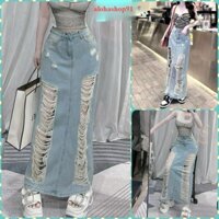 CHÂN VÁY JEANS NỮ DÀI LƯNG CAO RÁCH CÀO TẢ TƠI ĐÙI MÀU XANH NHẠT LAI CUỐN CÁ TÍNH THỜI TRANG LY alohashop91