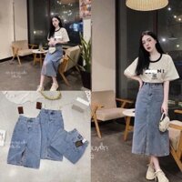 Chân váy jeans nữ dáng dài cạp cao, chân váy bò xanh dài xẻ sau hottren Shop Hạt Dẻ
