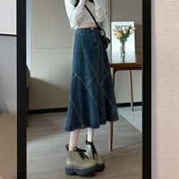 Chân váy jeans nữ dáng dài, chân váy bò chữ A, chân váy dài cạp cao tôn dáng họa tiết hình thoi