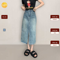Chân váy jeans nữ suông dài xẻ tà phía trước