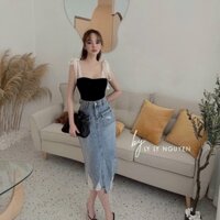 chân vay jeans rách lệch túi nắp