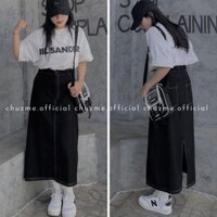 Chân váy jeans ulzzang dáng dài xẻ tà viền chỉ, chân váy bò dáng chữ A chun lưng