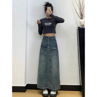 Chân váy jeans xanh , đen dáng dài chữ A xẻ tà phía sau - Chanvayjeanxesau_C40