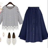 Chân váy jeans xoè cạp thun