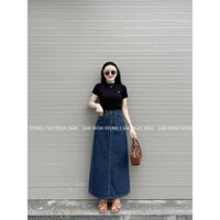 Chân váy jeasn nữ dáng dài lưng cao, váy denim xẻ sau #919