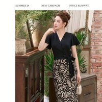 Chân váy Juýp lụa hoa hồng đen cao cấp LAEEM LJ1S24013 chất liệu lụa mĩ mát mẻ dễ mix đồ