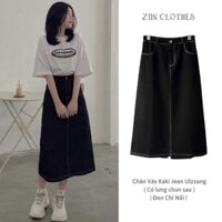 Chân Váy Kaki Jean Dài Chỉ Nổi Lưng Thun Xẻ Tà Sau, Chân Váy Bò Lưng Cao Phong Cách Hàn Quốc Cực Xinh