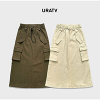 Chân váy kaki jeans dáng dài lưng thun túi hộp xẻ sau