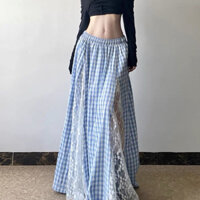 Chân Váy Kẻ Caro Phối ren ,Chân Váy Nữ Dáng Dài Kiểu Retro