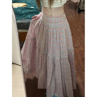 Chân váy kẻ sọc xòe rộng váy dài dáng người nhỏ Xếp Ly Cổ Điển Tôn dáng gầy chít eo mùa xuân hè chữ A