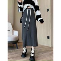 Chân váy Len trơn Ulzzang dáng dài midi dây rút xẻ sau hàng Quảng Châu
