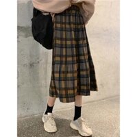 Chân Váy Len Xếp Ly Lưng Thun Co Giãn Họa Tiết Sọc Caro Phong Cách Retro Cho Nữ