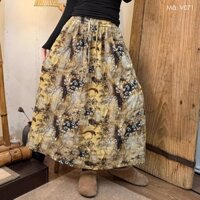 Chân váy linen lưng thun KAMAKA in hoa lá liti retro - V071