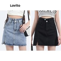 Chân váy Lovito denim có túi phối dây kéo màu trơn phong cách thường ngày cho nữ LNE52299