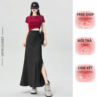 Chân váy lụa dài xẻ tà Levie cạp trễ Hàn Quốc khóa hông dáng dài sang trọng đi tiệc chơi