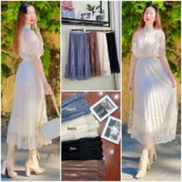 Chân váy mặc được 2 mặt, ren hoa dập ly phối lụa bóng mix đồ cực xinh, mặc full 4 mùa Ảnh thật
