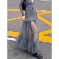 Chân váy maxi tulle xếp tầng màu xám