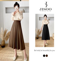 Chân váy midi JISOO công sở xếp ly dáng xòe dài qua gối màu đen nâu be chất tuyết mưa có bigsize CN19