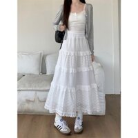 Chân váy midi LINA kiểu chữ A viền bèo ren màu trơn thường ngày cho nữ