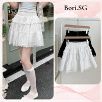 Chân váy ngắn 2 màu trắng đen bồng bềnh đính ren BORI219